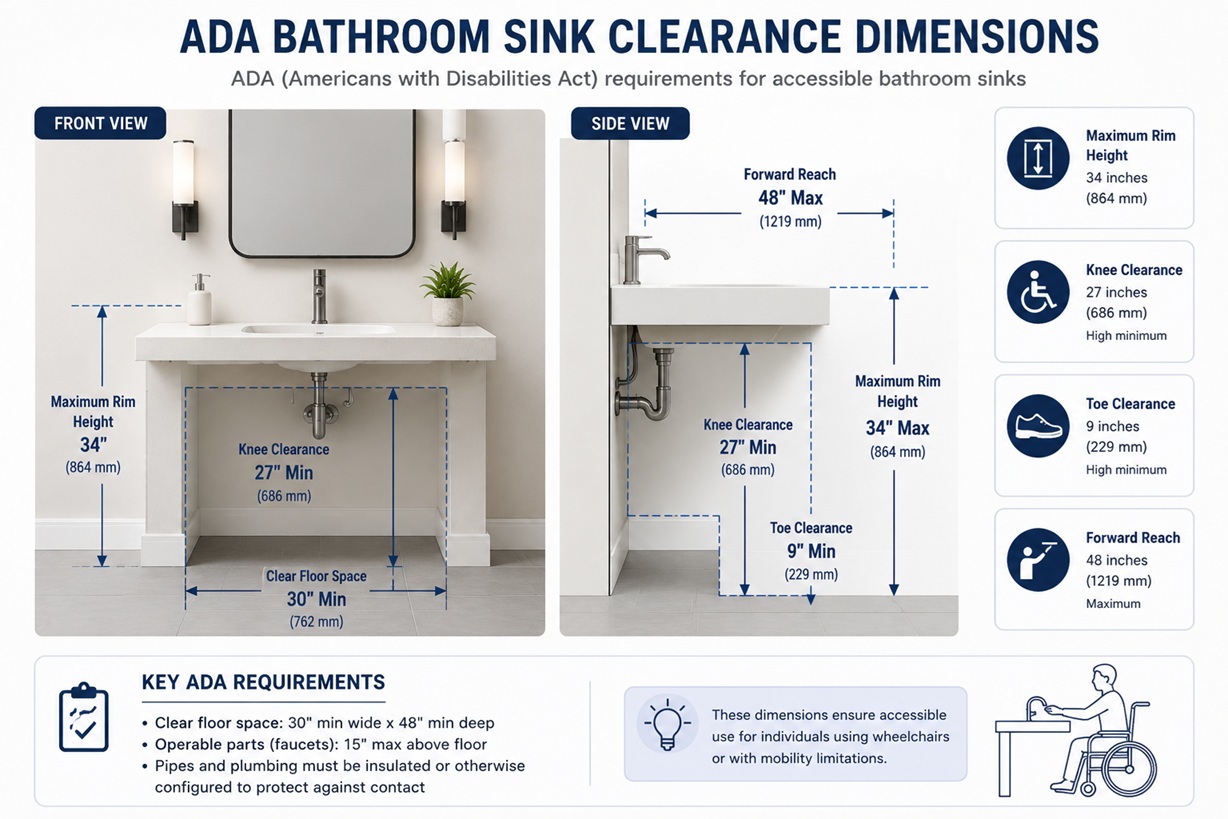 ADA bathroom sink clearance dimensions showing maximum rim height, knee clearance, toe clearance, forward reach, and clear floor space requirements